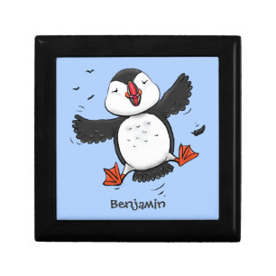 Cute happy flying puffin blue cartoon illustration gift box