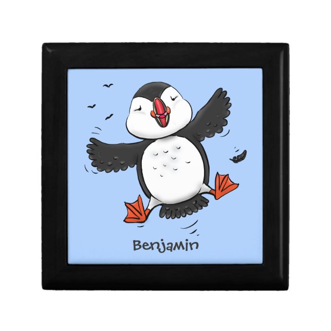 Cute happy flying puffin blue cartoon illustration gift box (Front)