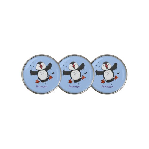 Cute happy flying puffin blue cartoon illustration golf ball marker