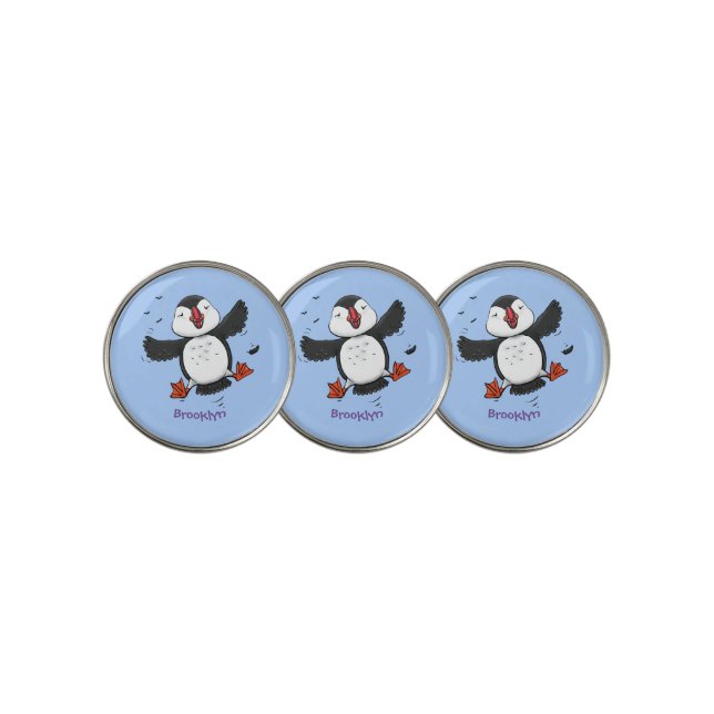 Cute happy flying puffin blue cartoon illustration golf ball marker (3 Up)