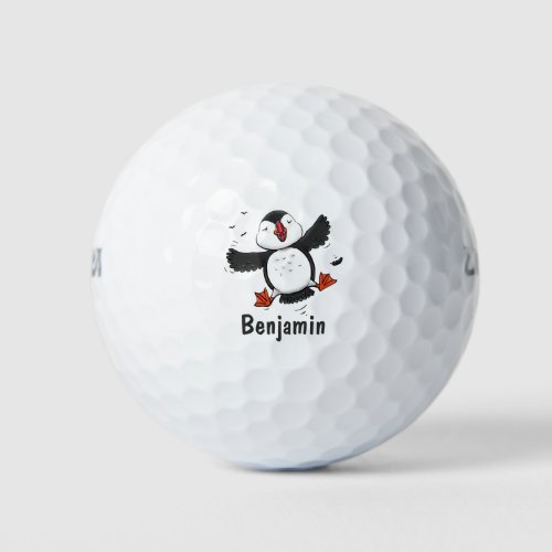 Cute happy flying puffin blue cartoon illustration golf balls