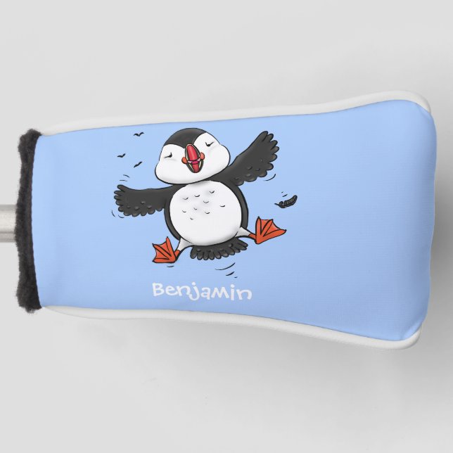 Cute happy flying puffin blue cartoon illustration golf head cover (Front)