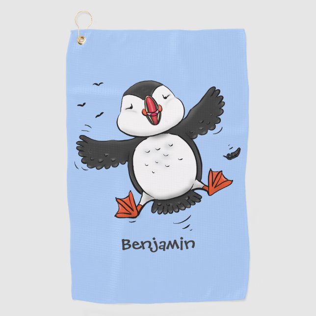 Cute happy flying puffin blue cartoon illustration golf towel (Front)