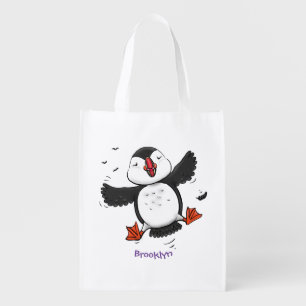 Cute happy flying puffin blue cartoon illustration grocery bag