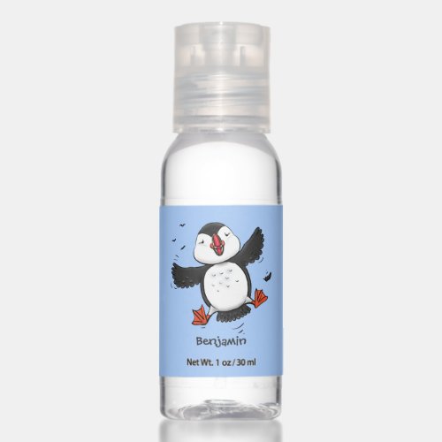 Cute happy flying puffin blue cartoon illustration hand sanitizer