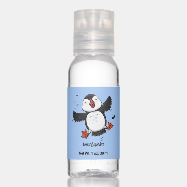 Cute happy flying puffin blue cartoon illustration hand sanitizer (Front)