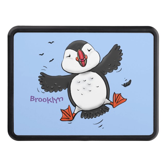 Cute happy flying puffin blue cartoon illustration hitch cover (Front)