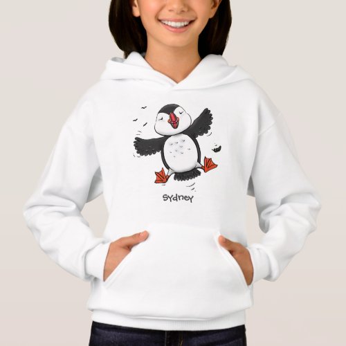 Cute happy flying puffin blue cartoon illustration hoodie