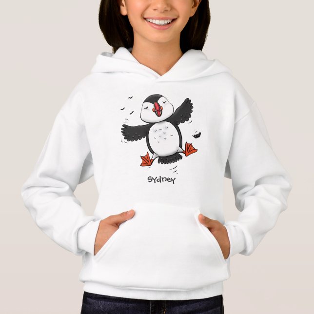 Cute happy flying puffin blue cartoon illustration hoodie (Front)