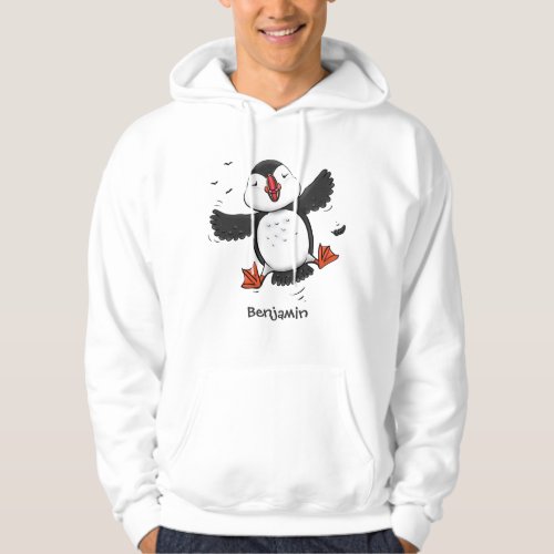 Cute happy flying puffin blue cartoon illustration hoodie