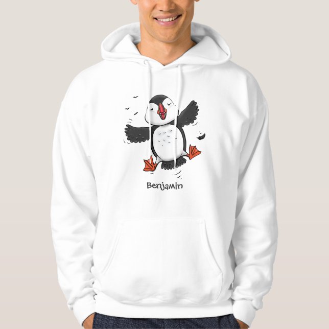 Cute happy flying puffin blue cartoon illustration hoodie (Front)