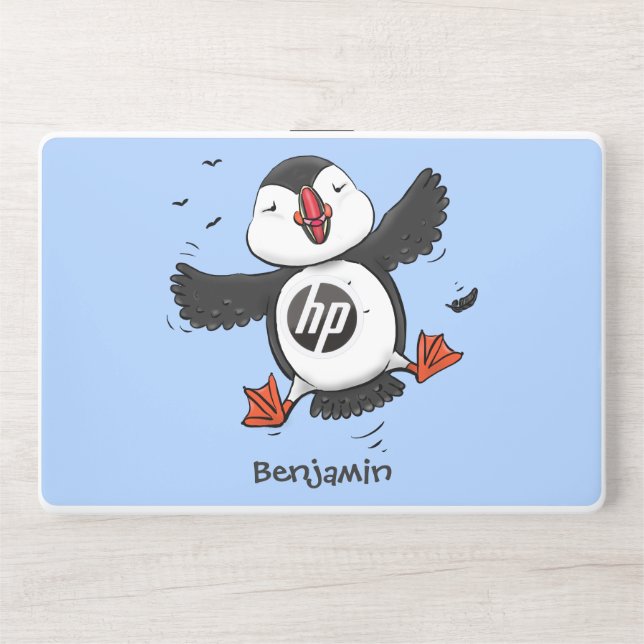 Cute happy flying puffin blue cartoon illustration HP laptop skin (Front)