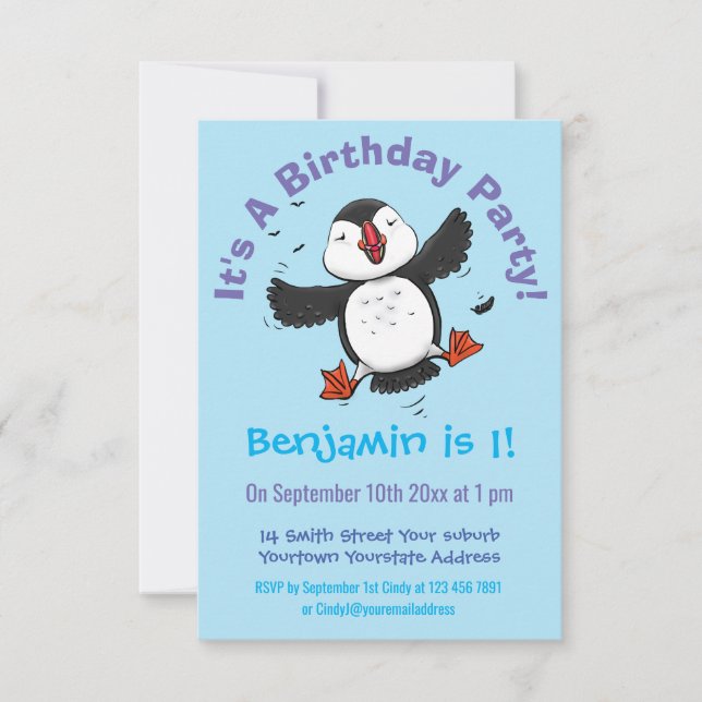 Cute happy flying puffin blue cartoon illustration invitation (Front)