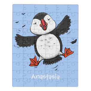 Cute happy flying puffin blue cartoon illustration jigsaw puzzle