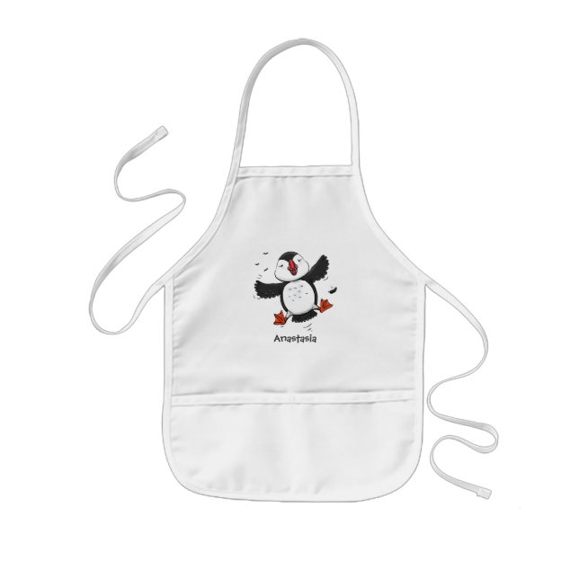 Cute happy flying puffin blue cartoon illustration kids' apron (Front)
