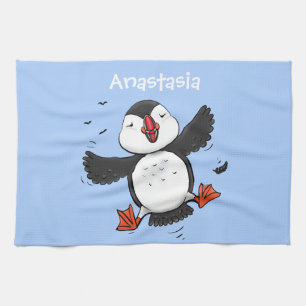 Cute happy flying puffin blue cartoon illustration kitchen towel