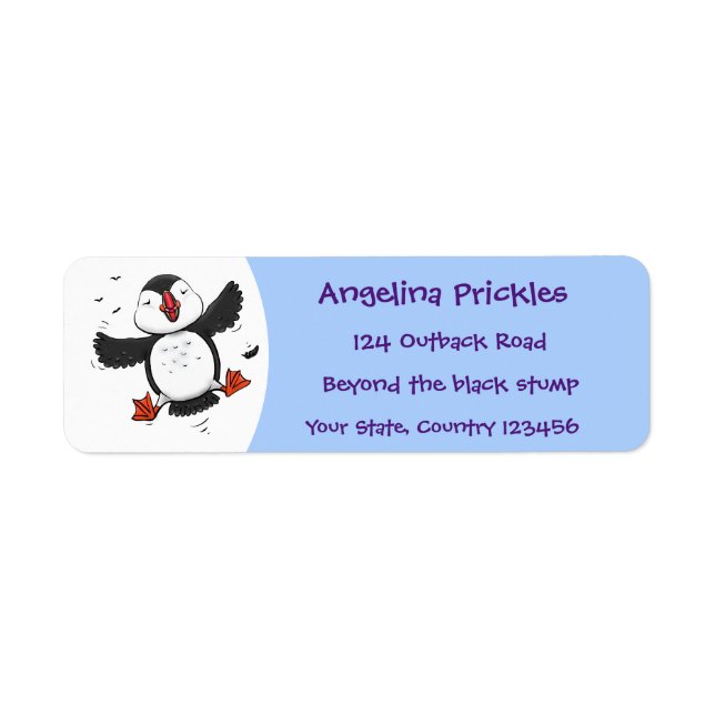 Cute happy flying puffin blue cartoon illustration label (Front)