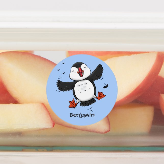 Cute happy flying puffin blue cartoon illustration labels (Affixed)