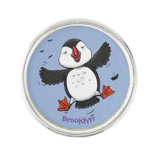 Cute happy flying puffin blue cartoon illustration lapel pin