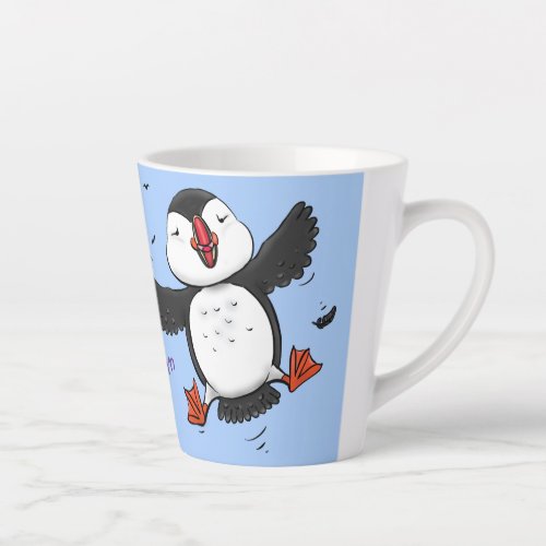 Cute happy flying puffin blue cartoon illustration latte mug