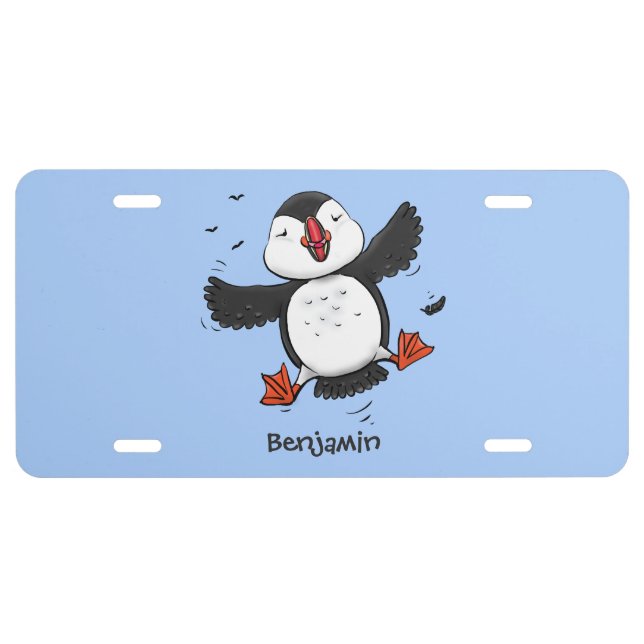 Cute happy flying puffin blue cartoon illustration license plate (Front)
