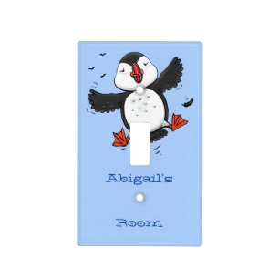 Cute happy flying puffin blue cartoon illustration light switch cover
