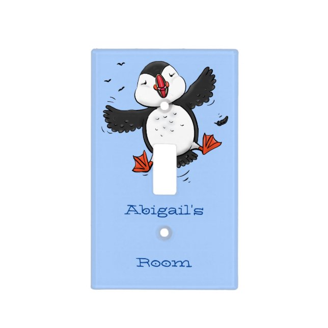Cute happy flying puffin blue cartoon illustration light switch cover (Front)