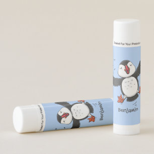 Cute happy flying puffin blue cartoon illustration lip balm