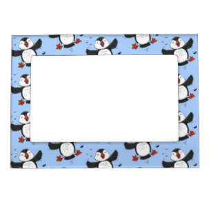 Cute happy flying puffin blue cartoon illustration magnetic frame