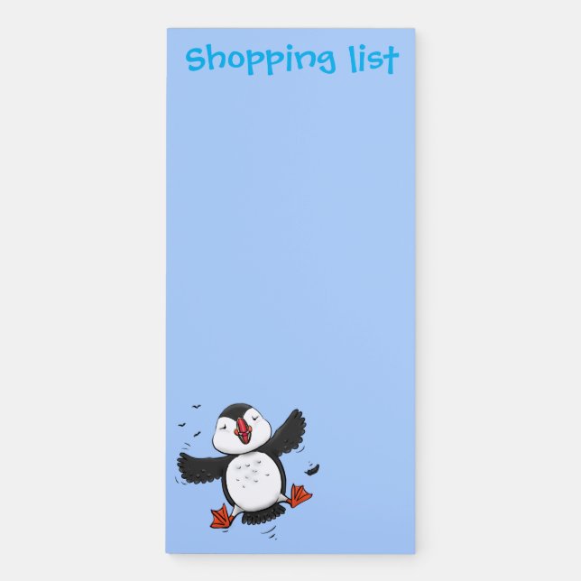 Cute happy flying puffin blue cartoon illustration magnetic notepad (Front)