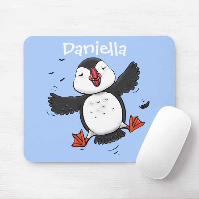 Cute happy flying puffin blue cartoon illustration mouse pad (With Mouse)
