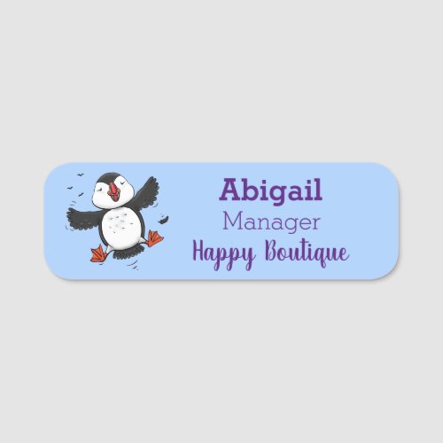 Cute happy flying puffin blue cartoon illustration name tag