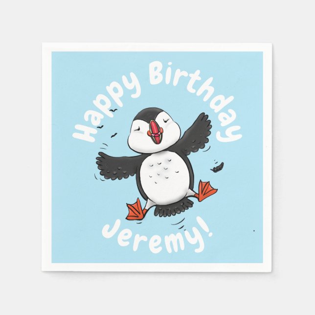 Cute happy flying puffin blue cartoon illustration napkins (Front)