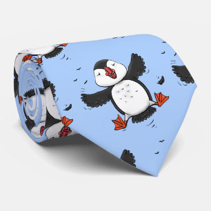 Cute happy flying puffin blue cartoon illustration neck tie