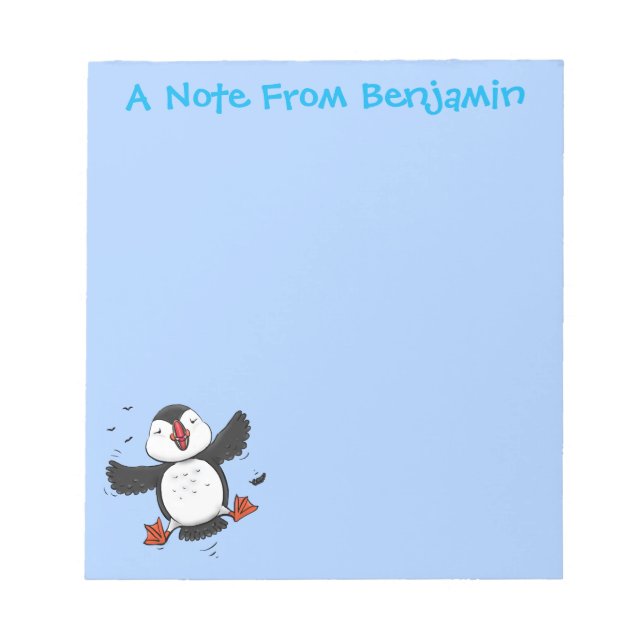 Cute happy flying puffin blue cartoon illustration notepad (Front)