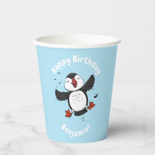 Cute happy flying puffin blue cartoon illustration paper cups