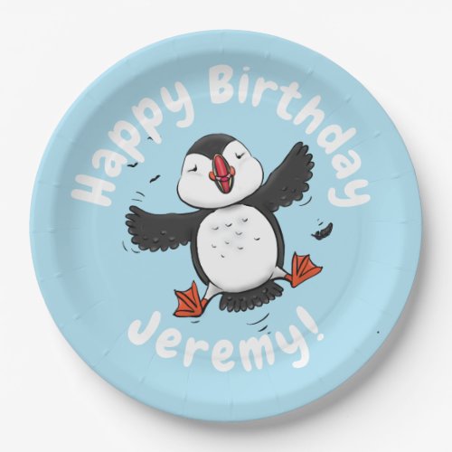 Cute happy flying puffin blue cartoon illustration paper plates