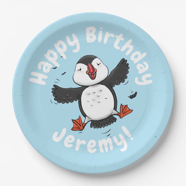 Cute happy flying puffin blue cartoon illustration paper plates (Front)