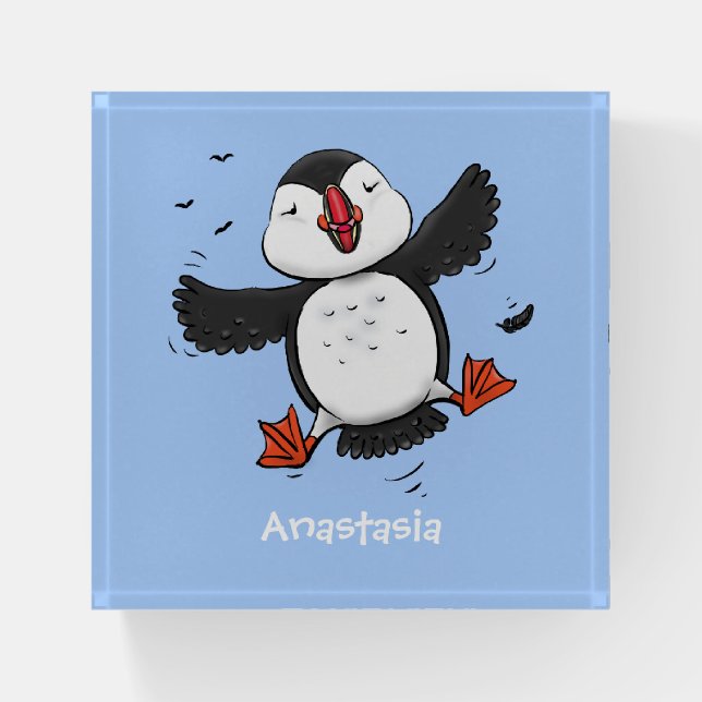 Cute happy flying puffin blue cartoon illustration paperweight (Front)