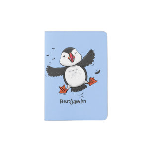 Cute happy flying puffin blue cartoon illustration passport holder