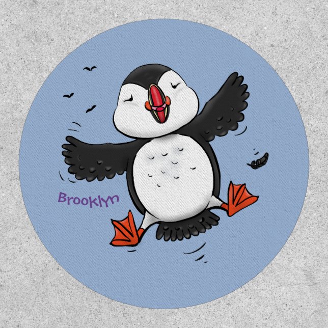 Cute happy flying puffin blue cartoon illustration patch (Front)