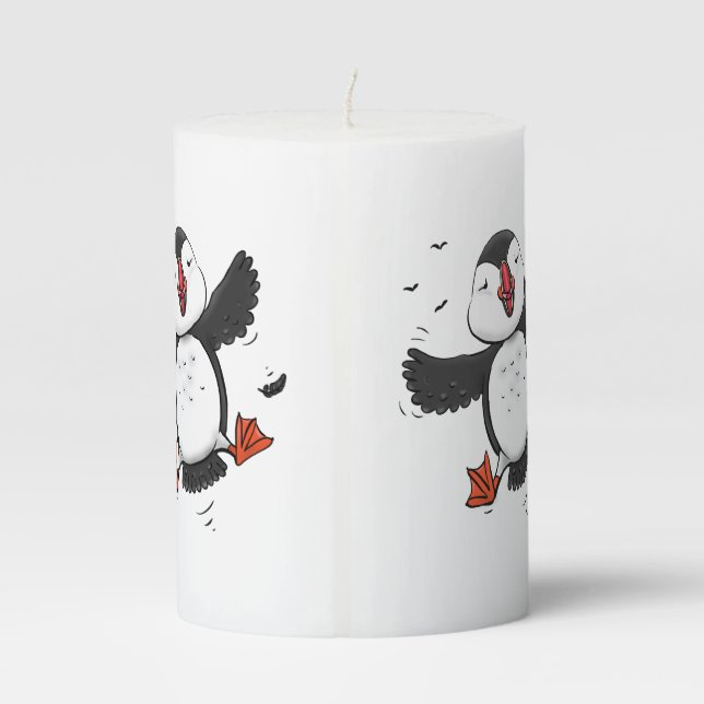 Cute happy flying puffin blue cartoon illustration pillar candle (Back)