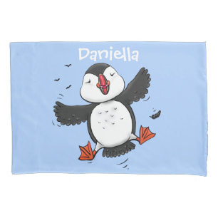 Cute happy flying puffin blue cartoon illustration pillow case
