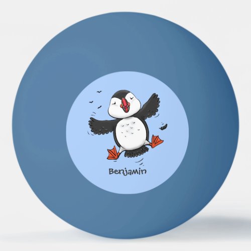 Cute happy flying puffin blue cartoon illustration ping pong ball