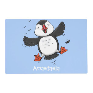 Cute happy flying puffin blue cartoon illustration placemat