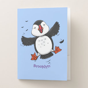Cute happy flying puffin blue cartoon illustration pocket folder