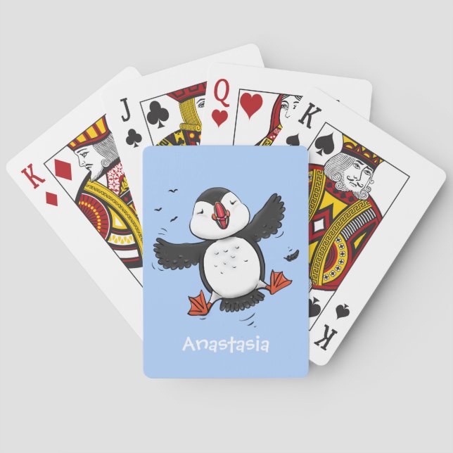 Cute happy flying puffin blue cartoon illustration poker cards (Back)
