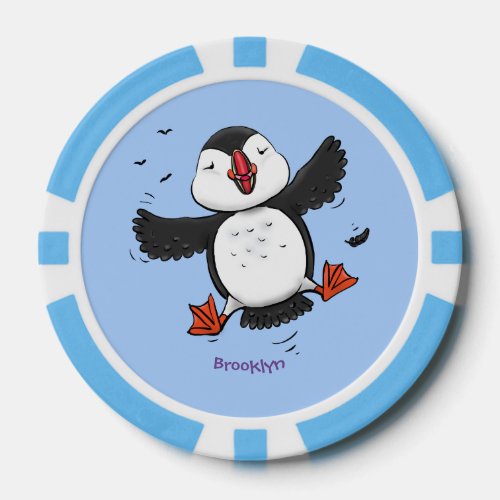 Cute happy flying puffin blue cartoon illustration poker chips