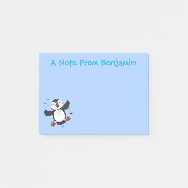 Cute happy flying puffin blue cartoon illustration post-it notes (Front)