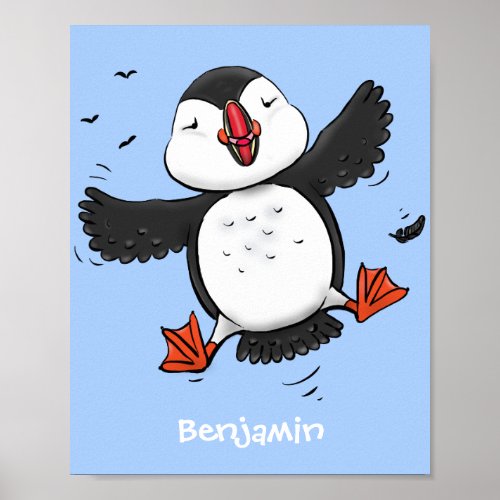 Cute happy flying puffin blue cartoon illustration poster